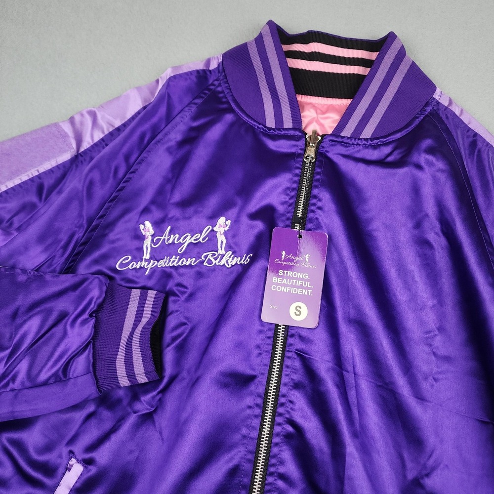 Angel Competition Bikinis Jacket Womens Small Purple Satin Bomber Full Zip Lined